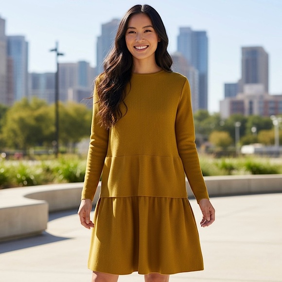 COS Midi Knee Length Long Sleeve 100% Wool Mustard Yellow Dress,EU S;US 6/8 - Picture 1 of 15